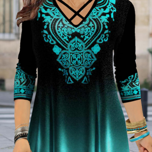 JFN V Neck Ombre Ethnic Loose Long Sleeve Top, Tops, color:Blue|size:XXL, JustFashionNow