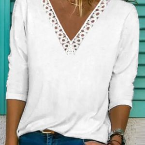 JFN Women V Neck Lace Casual Plain White Basic T-Shirt, JustFashionNow T-Shirts, color:White|size:XXL,