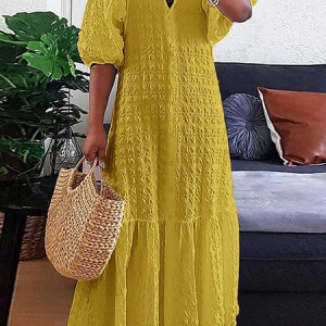 Plus Size Vacation Plain V Neck Short Sleeve Maxi Dress, Plus Dresses, color:Yellow|size:4X, Stylewe