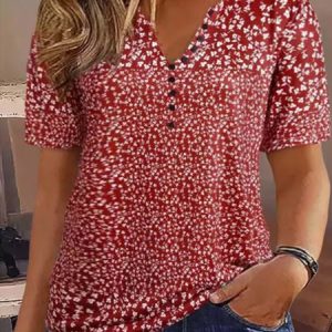 Plus Size Casual Loose Half Open Collar Disty Floral T-Shirt, TOPS, color:Red|size:4X, Noracora