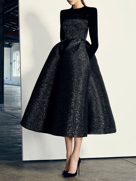 Crew Neck Elegant Formal Pockets Plain Dress Wedding, Midi Dresses, color:Black|size:XXL, Stylewe