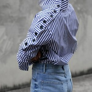 Turtleneck Stripes Long Sleeve Top, Blouses and Shirts, color:The Blue Stripe|size:XS, Stylewe