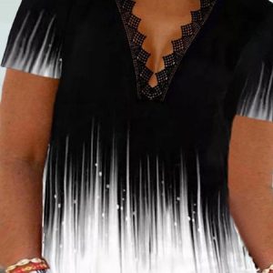 Plus Size V Neck Loose Jacquard Casual T-Shirt, T-Shirts, color:Black|size:4X, JustFashionNow