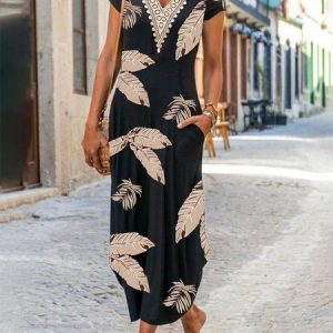 Palm Leaf Hollow Out Lace V Neck Short Sleeve Pockets Casual Dress, Maxi, color:Black|size:XXL, Noracora