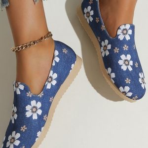 Floral Print Casual Blue Canvas Slip On Shoes, Flats, color:Blue|size:43, JustFashionNow
