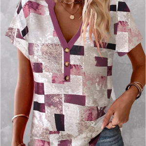 Casual Geometric Regular Fit V Neck T-Shirt, T-Shirts, color:Purple|size:XXL, JustFashionNow