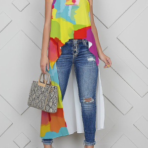 Loose Lightweight Halter Sleeveless Urban Mid-long Shirt, Blouses and Shirts, color:As Picture|size:XXL, Stylewe