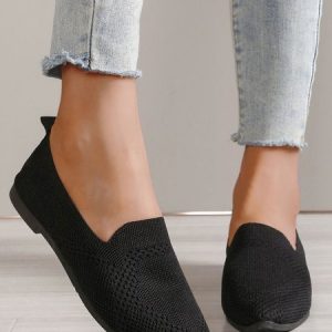 Black Breathable High Stretch Flyweave Loafer Flats, Flats/Loafers, color:Black|size:43, Noracora