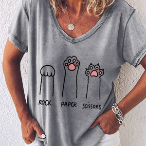 Women's Cute Cat Rock Paper Scissors Simple V Neck Loose T-Shirt, T-shirts, Lilicloth.com