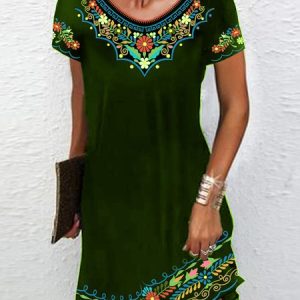 Vacation V Neck Floral Ethnic Crew Neck Short Sleeve Dress, Midi Dresses, Roselinlin - Online Catalog