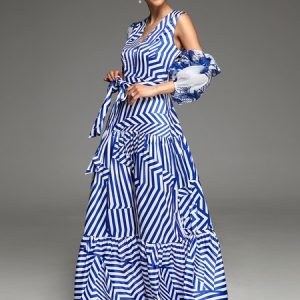 Party Striped Elegant Dress, Maxi Dresses, color:Blue|size:XXL, Stylewe