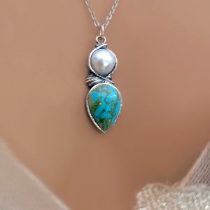 Drop Shaped Turquoise Imitation Pearl Pendant Necklace, Necklaces, color:As Picture|size:One-size, JustFashionNow