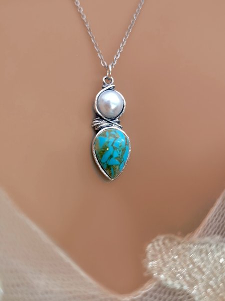 Drop Shaped Turquoise Imitation Pearl Pendant Necklace, Necklaces, color:As Picture|size:One-size, JustFashionNow
