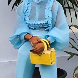 Elegant Stand Collar Regular Fit Plain Blouse, Blouses and Shirts, color:Blue|size:XXL, Stylewe