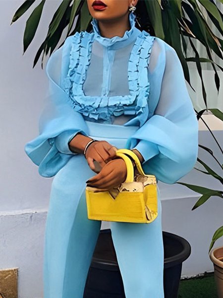 Elegant Stand Collar Regular Fit Plain Blouse, Blouses and Shirts, color:Blue|size:XXL, Stylewe