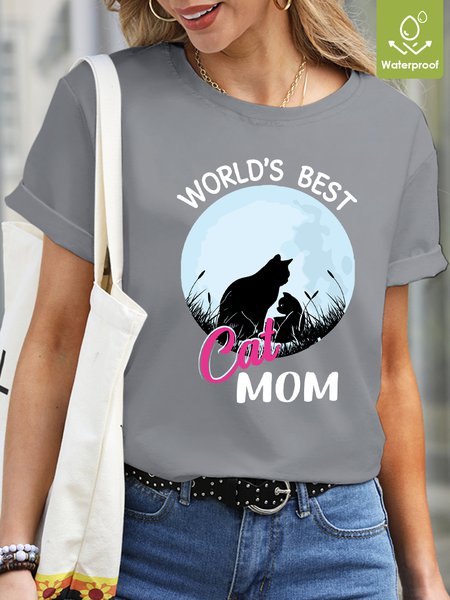 Waterproof, Oilproof And Stainproof Fabric Crew Neck Cat Casual T-Shirt, color:Light Gray|size:3XL, Lilicloth.com
