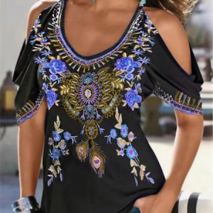 Boho V neck Printed Short Sleeve Short Sleeve T-shirt, Shirts & Blouses, color:Purple|size:XXL, JustFashionNow