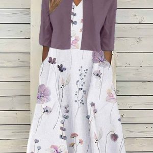 Women's Cotton Floral Pattern Daily Going Out Two Piece Set Half Sleeve Elegant Summer Coat With Skirt Matching Set, JustFashionNow Casual Dresses, color:Purple|size:XXL,
