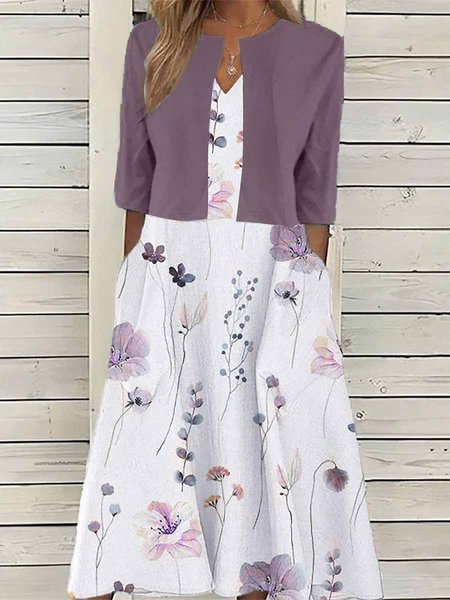 Women's Cotton Floral Pattern Daily Going Out Two Piece Set Half Sleeve Elegant Summer Coat With Skirt Matching Set, JustFashionNow Casual Dresses, color:Purple|size:XXL,