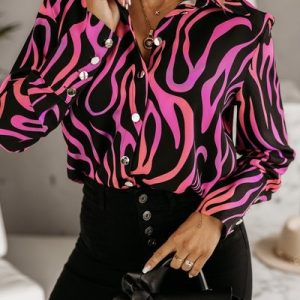 Shirt Collar Long Sleeve Floral Regular Loose Blouse For Women, Blouses, color:Black|size:XXL, Noracora
