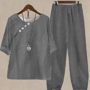 Striped Loose Crew Neck Linen Two-Piece Set, Suit Set, color:Gray|size:XXL, JustFashionNow