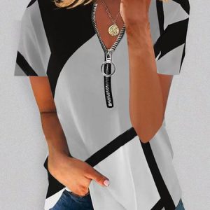 Casual Geometric Regular Fit V Neck T-Shirt, T-Shirts, color:Gray|size:3XL, JustFashionNow