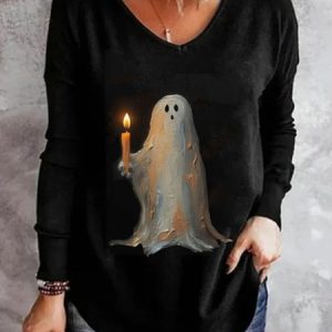 Plus Size Casual Halloween Loose V Neck T-Shirt, T-shirts, color:Black|size:4X, Noracora