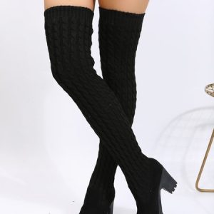 Solid Color Knit Woven Wool Patchwork Faux Suede Chunky Heel Over-the-knee Sock Boots, Boots, color:Black|size:41, JustFashionNow