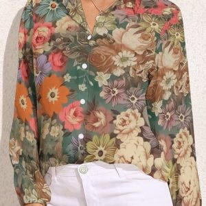 Shirt Collar Long Sleeve Floral Regular Regular Fit Blouse For Women, Shirts, color:Multicolor|size:3XL, Noracora