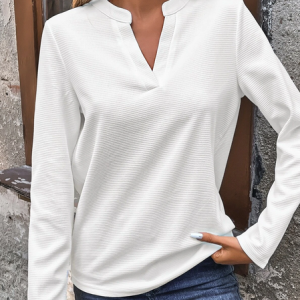Casual Plain Notched Long Sleeve T-shirt, T-shirts, color:White|size:XXL, Noracora