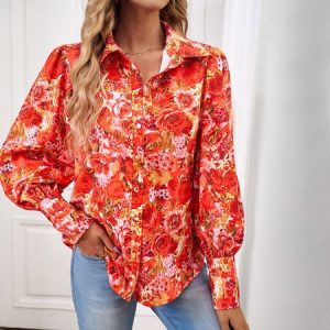 Shirt Collar Long Sleeve Floral Regular Regular Fit Blouse For Women 2023, Blouses, color:Red|size:XL, Noracora