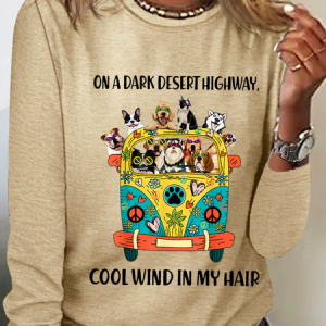 Women's Funny On A Dark Desert Highway Cool Wind In My Hair Graphic Printing Casual Long Sleeve Shirt, color:Khaki|size:3XL, Lilicloth.com