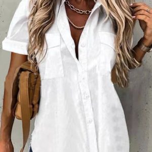 Solid Regular Fit Shirt Collar Short Sleeve Blouse, Shirts & Blouses, color:White|size:XXL, JustFashionNow