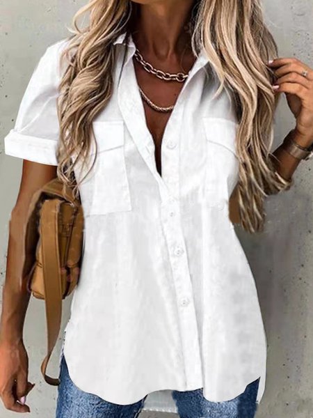 Solid Regular Fit Shirt Collar Short Sleeve Blouse, Shirts & Blouses, color:White|size:XXL, JustFashionNow