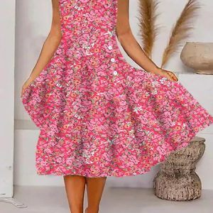 Disty Floral Buckle Sleeveless Asymmetrical Neck Casual Dress, Midi, color:Deep Pink|size:XXL, Noracora