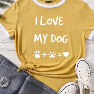 Lilicloth X Funnpaw Women's I Love My Dog Matching T-Shirt, color:Yellow|size:XXL, Lilicloth.com