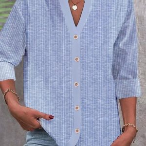 Loose Notched Casual Striped Blouse, Blouses & Shirts, Roselinlin - Online Catalog