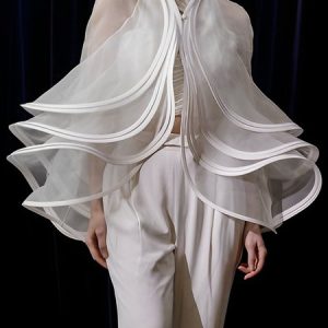 V Neck Elegant Loose Plain Organza Kimono, Kimonos, color:White|size:XXL, Stylewe