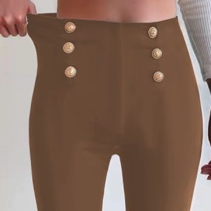 Casual Patchwork Button Tight Plain Leggings, Leggings, color:Brown|size:XXL, JustFashionNow
