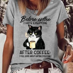 Women's Funny Grumpy Cat Coffee Lover Letter Print Casual Crew Neck T-Shirt, color:Gray|size:3XL, Lilicloth.com