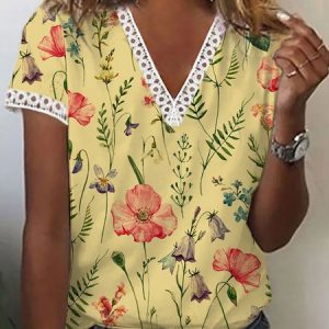 Women's Casual Holiday Weekend Floral T-shirt Short Sleeve Print V Neck Basic Top, JustFashionNow T-Shirts, color:Yellow|size:3XL,