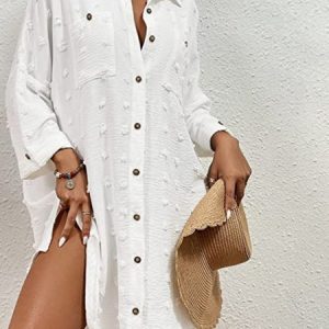 Vacation Plain V Neck Coverup, Coverups, color:White|size:XXL, Stylewe