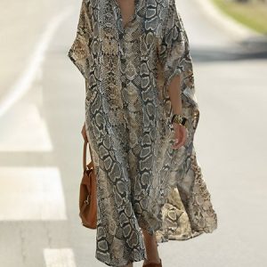 Casual Loose Stand Collar Maxi Dress, Maxi Dresses, color:Snakeskin|size:XXL, Stylewe