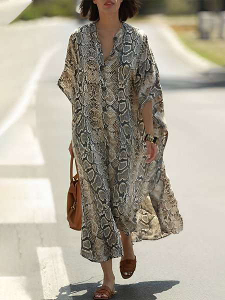 Casual Loose Stand Collar Maxi Dress, Maxi Dresses, color:Snakeskin|size:XXL, Stylewe