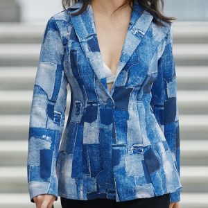 Urban Lapel Collar Geometric Regular Fit Blazer, Blazers, color:Blue|size:XXL, Stylewe