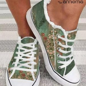 Floral Tribal Print Raw Hem Lace-up Canvas Shoes, Sneakers, color:Green|size:43, JustFashionNow