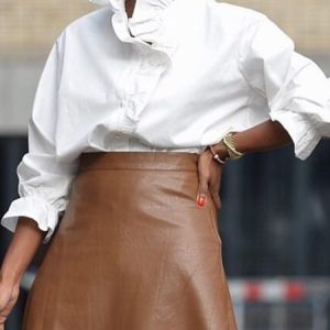 Lotus Leaf Collar Urban Plain Long Sleeve Blouse, Blouses and Shirts, color:White|size:XXL, Stylewe