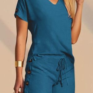 V Neck Casual Two-Piece Set, Sets, color:Deep Blue|size:XXL, Noracora