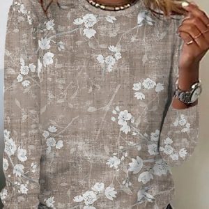 Floral Casual Loose Long Sleeve T-Shirt, T-Shirts, color:Khaki|size:XXL, JustFashionNow