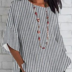 Loose Casual Crew Neck Striped Shirt, Shirts & Blouses, color:Gray|size:XXL, JustFashionNow